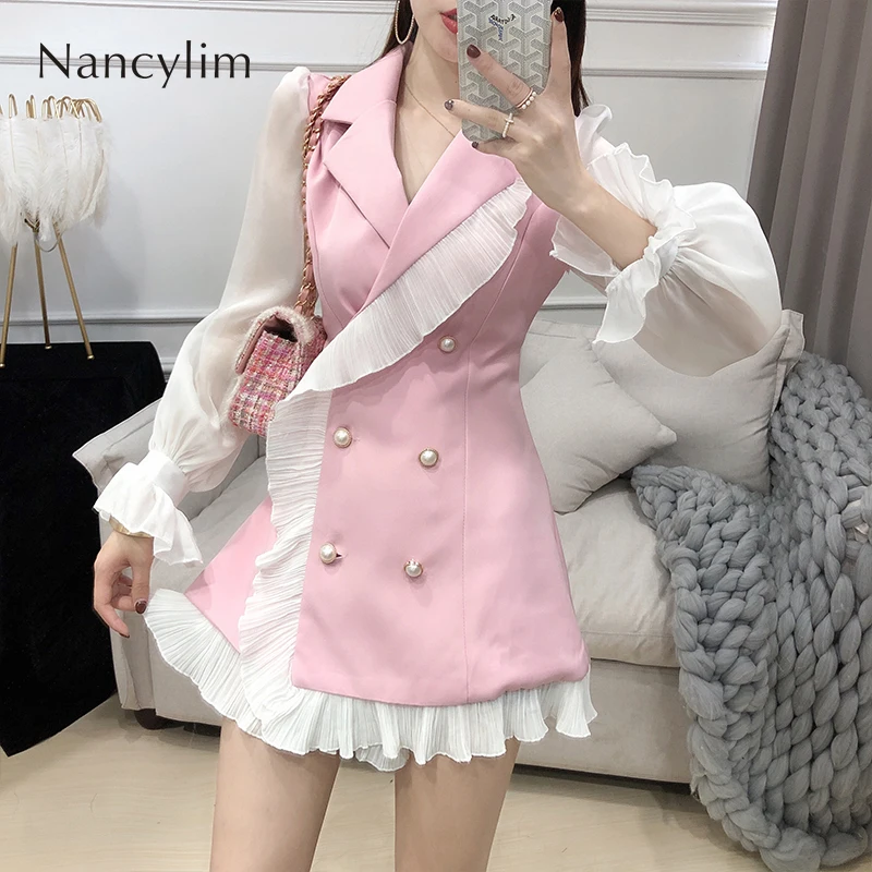 

Small Fragrance Suit Dress Set Womens High Waist Irregular White Chiffon Ruffles Stitching Pearl Button Dress Party Dresses