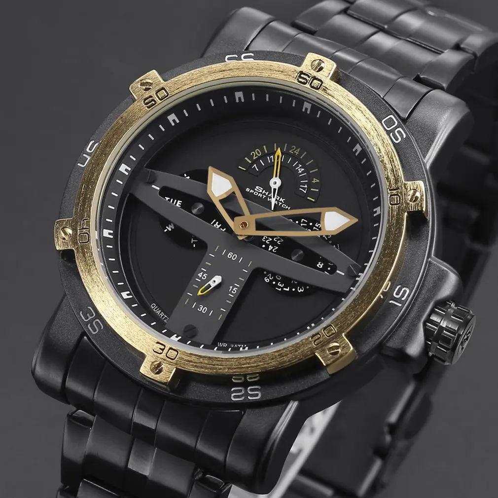 Golden SH427 Гренландская акула спортивные часы для мужчин люксовый бренд золотой ободок Дата армейские военные часы сталь Кварцевые Relogio Masculino/SH427 - Цвет: Golden SH427