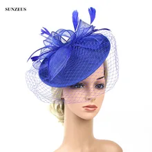 Аксессуары для невесты Jockey Gorro Королевский синий женские вечерние шапки с перьями льняная Свадебная шляпка с лицевая вуаль SQN047
