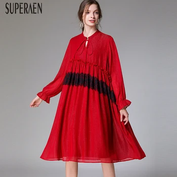 

SuperAen Pluz Size Women's Dress 2020 New Spring and Summer Fashion Ladies Dress Lace Stitching Long Sleeve Chiffon Dress