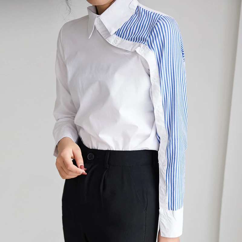 New Arrival Women Turn Down Collar White Shirt Blouse Striped Patchwork Elegant Chic Korean Style Feminina Blusa T9O908F