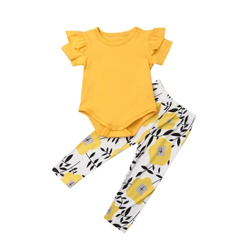 

2019 Summer Toddler Kids Baby Girl Yellow Fly Sleeve Romper Tops Floral Pants Outfits Set Clothes
