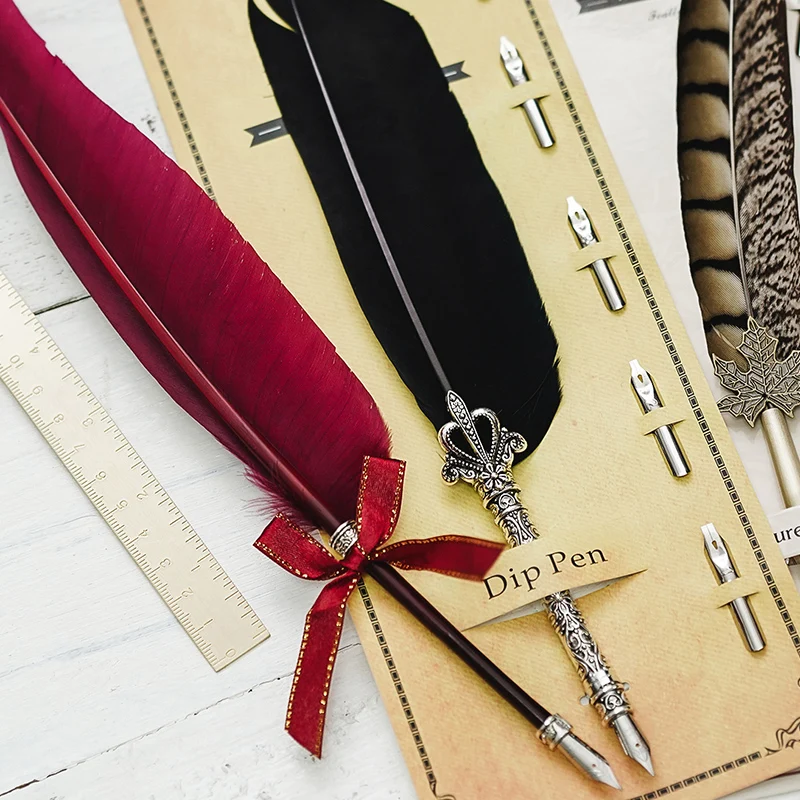 Retro European-style Feather Pen Indian Dipping Fountain 5 Nib Metal Birthday Gift Callgraphy Caneta Tinteiro Chancery |