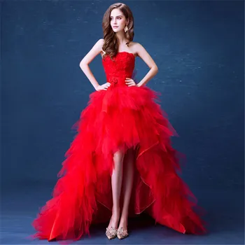 

Red High Low Sweetheart Ruffle Tulle Flowers Luxury Evening Dress 2020 New Arrival Elegant Long Formal Prom Evening Gowns SK10