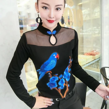 

Vintage Women Hollow Out Mesh T-shirts Chinese Style Lady Embroidery Bird T-shirts Female Flower Embroidery Tops