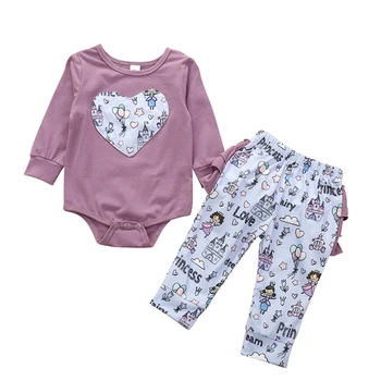 

Newborn Girl Cartoon Princess Castle Clothing Newborn Baby Outfit Long Sleeve Bodysuit Heart Jumpsuit Ruffle Pants Trousers