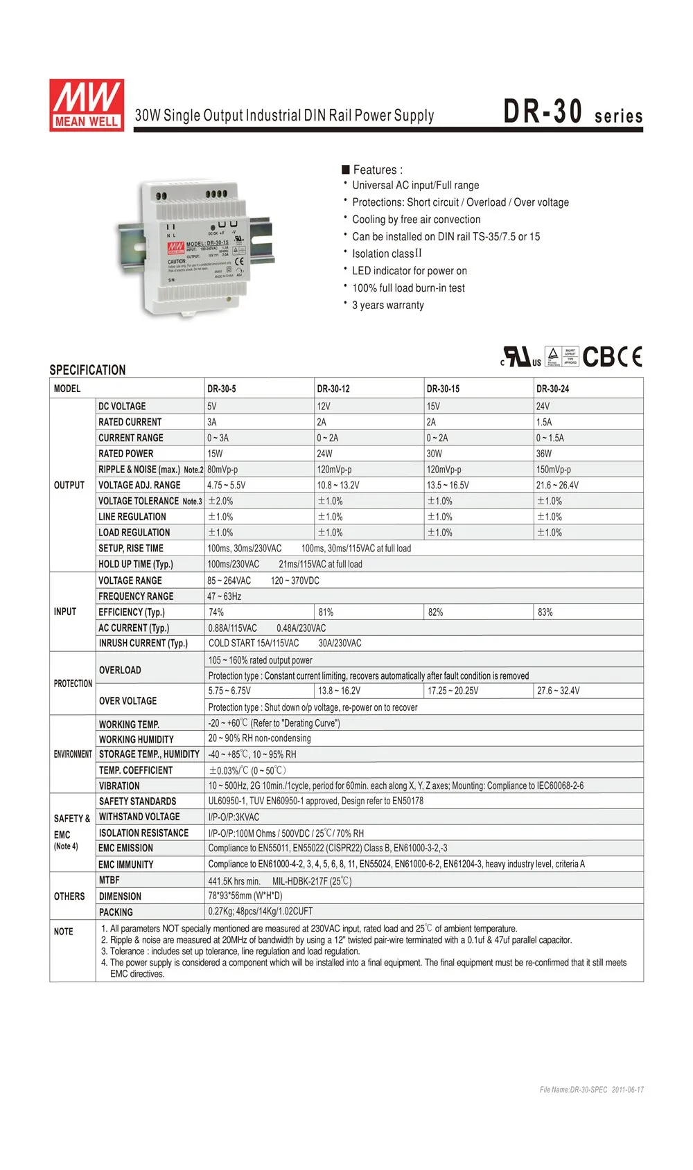 MEAN WELL DR-30 30 Вт din-рейка блок питания 110 В/220 В переменного тока до 5 В 12 В 15 в 24 В DC Meanwell промышленный модуль din-рейки