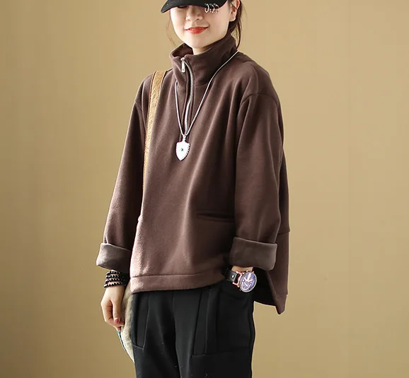 Coffee color Осенне-зимние толстовки женские Ретро свободные нерегулярные Сплит пуловеры с вилкой Новые Топы водолазка на молнии универсальные толстовки - Цвет: Coffee color