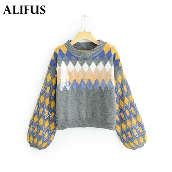 

Fashion Za 2020 Geometric Loose Autumn Winter Sweater Coat Lantern Sleeve Pullovers O Neck Female Autumn Warm Sweater Zaraing