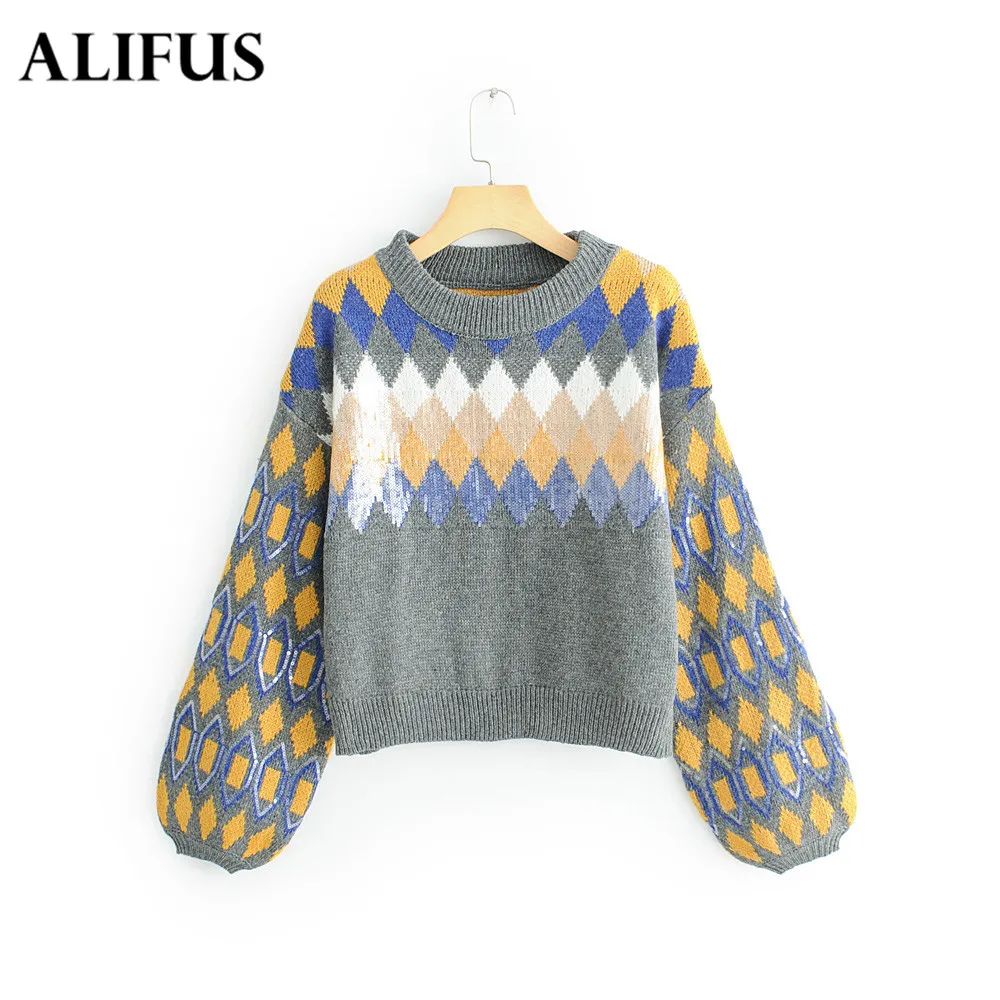 

Fashion Za Geometric Loose Autumn Winter Sweater Coat Lantern Sleeve Pullovers O Neck Female Autumn Warm Sweater Zaraing