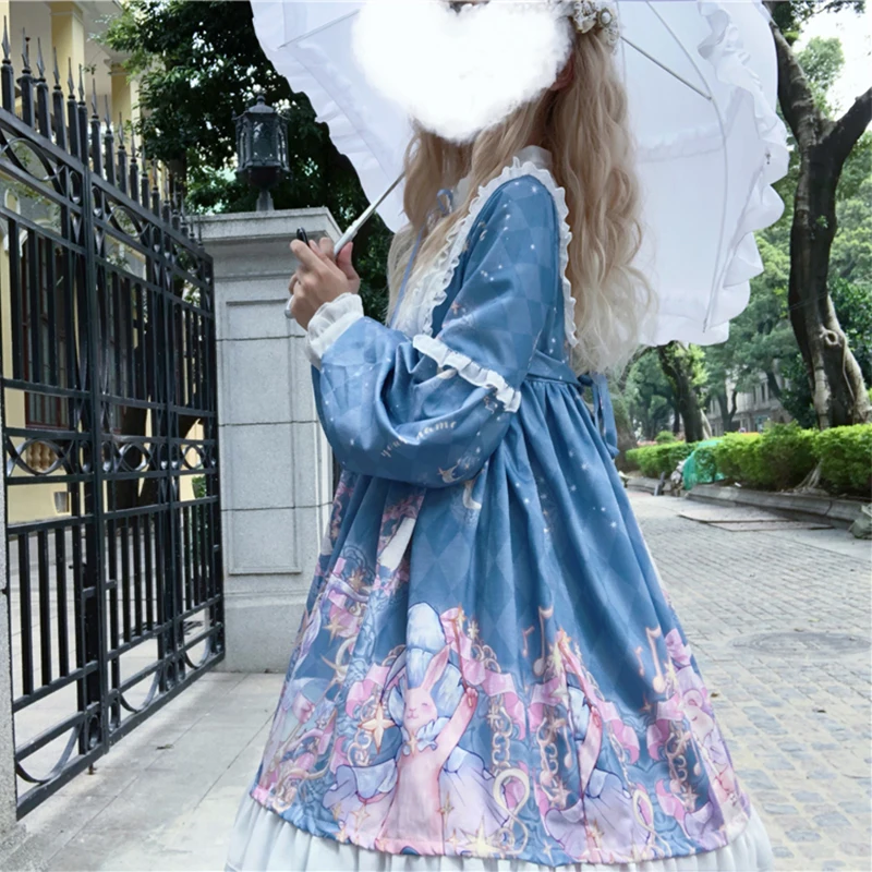 Kawaii/платье в стиле Лолиты с длинными рукавами; кружевное платье в стиле Лолиты с бантом; JSK; милое мягкое платье с длинными рукавами для девочек; милые платья с героями мультфильмов