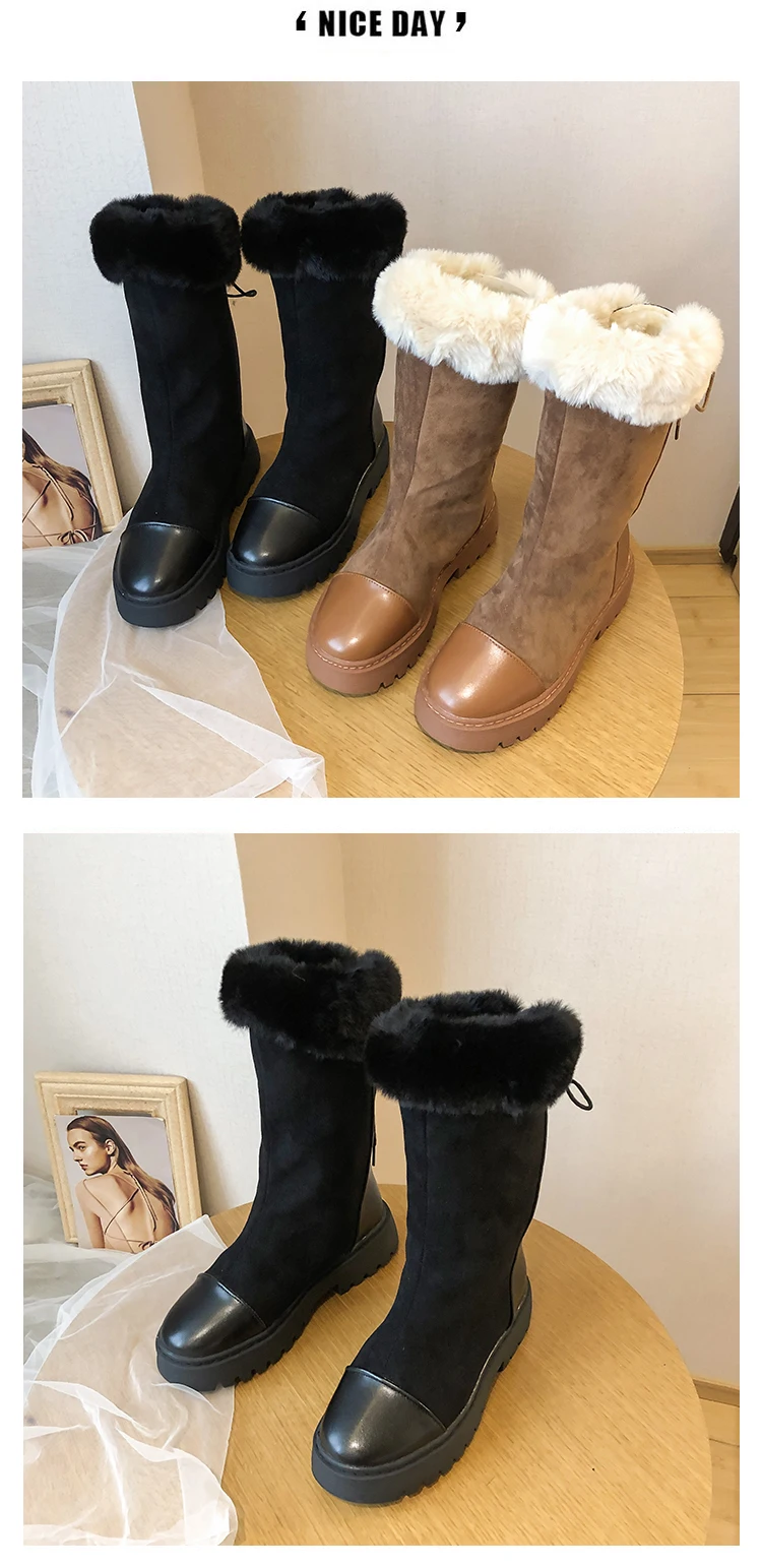 Botines/коричневые теплые боты со шнуровкой сзади; женская зимняя хлопковая обувь с плюшевой подкладкой на толстой резиновой подошве; бархатные Утепленные зимние сапоги до середины икры