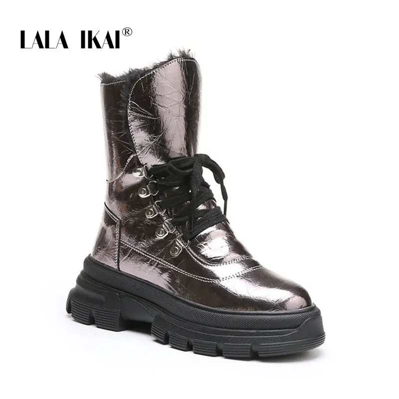 Gun color LALA IKAI/ г.; ботильоны; женские зимние теплые флисовые плюшевые полуботинки; женские зимние ботинки на платформе из водонепроницаемого материала на шнуровке; XWA9481-4 - Цвет: Gun color