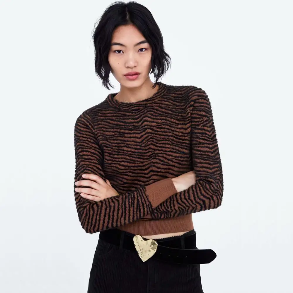 2019 ZA Zebra Pattern Sweater for Women Fashion Knitted Animal Print Winter Clothes Thick Long Sleeve Female Pullovers Casual | Женская