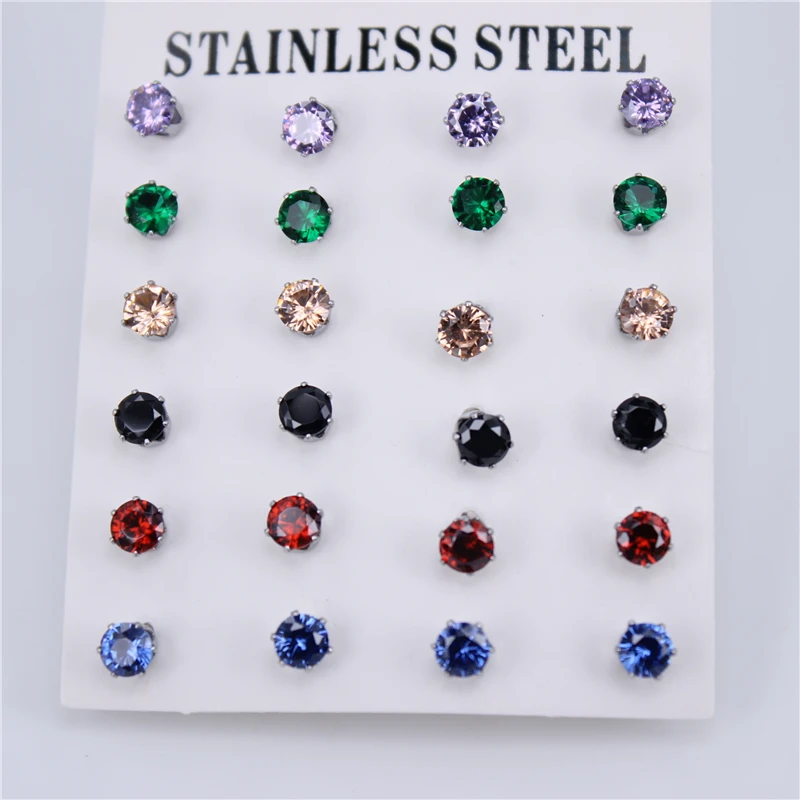 Diameter 5MM 12pair Нержавеющая сталь ювелирные изделия 12 пар/компл. множество различных цветовых Диаметр с диагональю экрана 3-6 мм высокое качество серьги с цирконием кубической огранки для Для женщин ZN29 - Окраска металла: Diameter 5MM 12pair