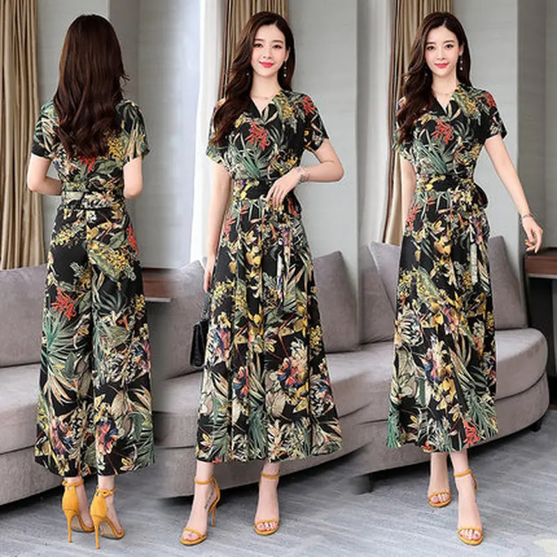 summer new ladies fashion temperament print chiffon drape wide leg pants two-piece suit