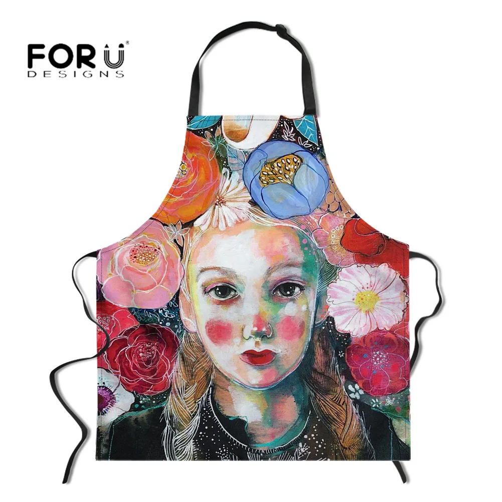 FORUDESIGNS Printing Art Girl Adjustable Kitchen Apron Oil-proof BBQ Dinner Party Baking Delantal for Lady Manicure Aprons