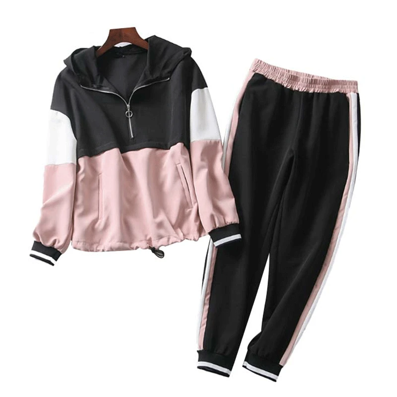 

Pink Patchwork Two Piece Set Outfit Women 2019 Spring-Autumn Hooded Bomber Jacket Set Ladies Joggers Set Girls Loose Hoodies Set