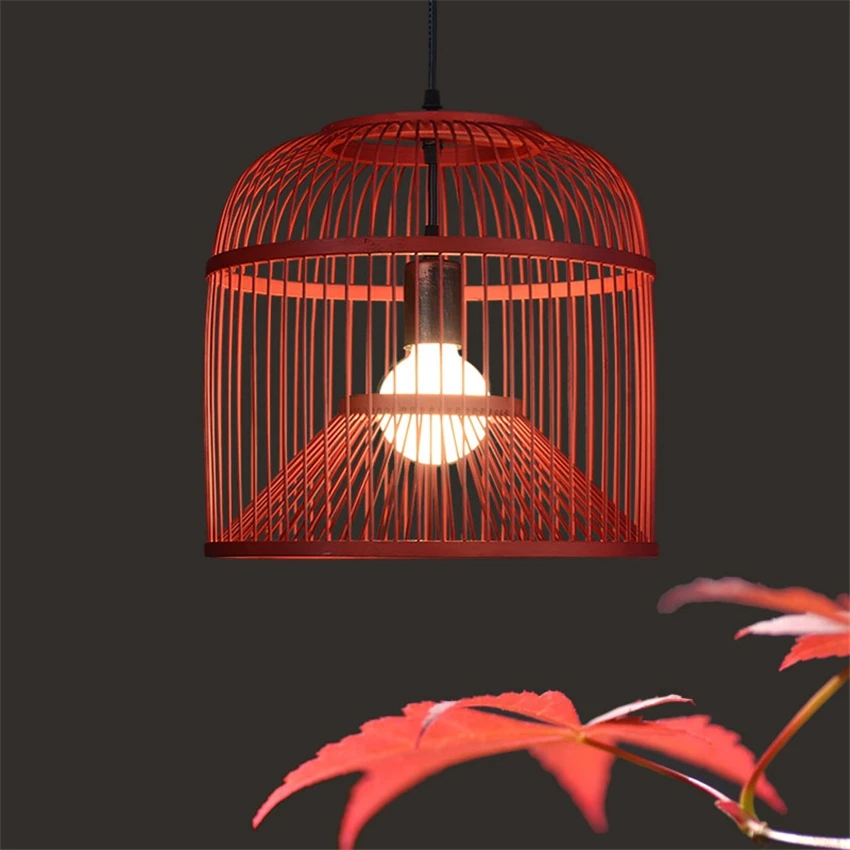 

Red Bamboo Woven Bird Cage Pendant Lamps Modern Restaurant Bar Hanging Lamp Retro Loft Bedroom Living Room Porch Pendant Lights