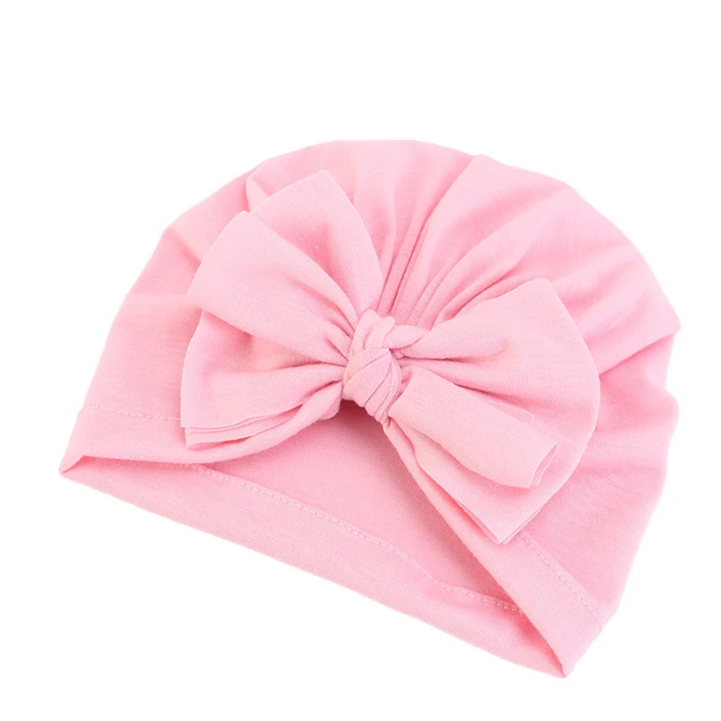 02 Pink Милая хлопковая детская чалма, шапка с бантом, 9 цветов, шапка для новорожденного, головные уборы для младенцев, шапочка для душа, подарок на день рождения, реквизит для фотосессии - Цвет: 02 Pink