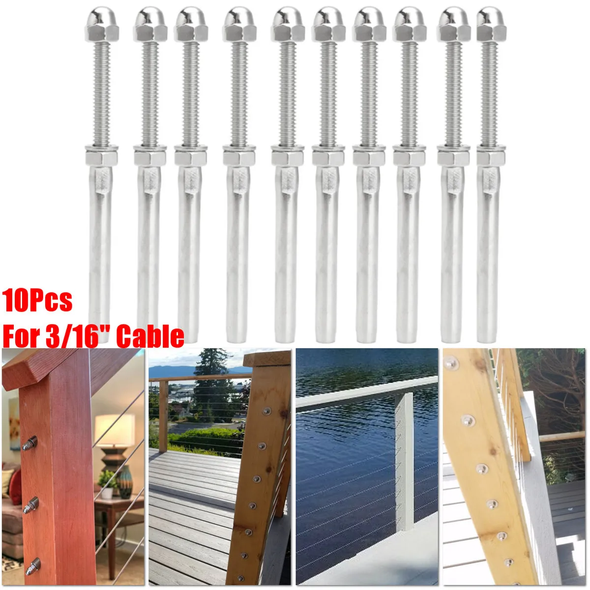 

10Pcs 12cm Stainless Threaded Terminal Stud End Fitting for Cable Deck Railing Hand Swage Cap Nut Straight Fastener Connector