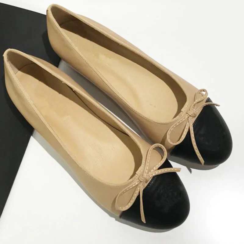 Tan with black toe Женские балетки из натуральной кожи на плоской подошве; вязаная шляпа с бантом; женские балетки; Zapatos De Mujer sapato feminino; Прямая поставка - Цвет: Tan with black toe