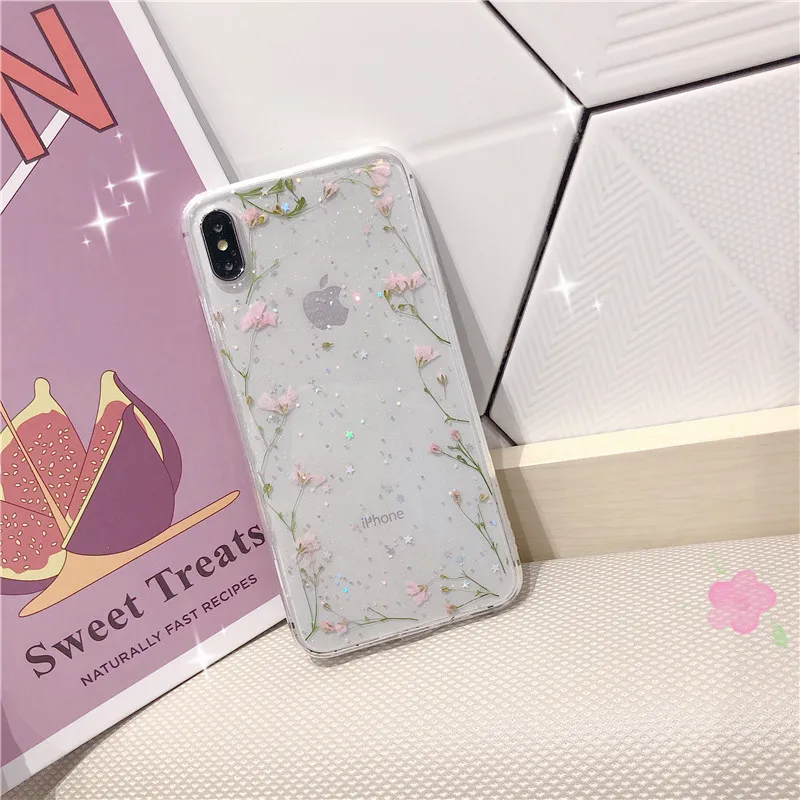 GYKZ блестящие натуральные высушенные цветы чехол для iPhone 7 XS MAX XR X 8 6 6s Plus прозрачный мягкий ТПУ чехол для телефона чехол Женский Сумка
