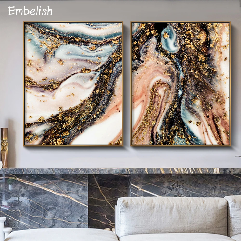 2 Pieces Nordic Style Golden Paints Mix Colors Modern Home Decor Posters For Living Room Wall Pictures HD Print Canvas Painting | Дом и сад