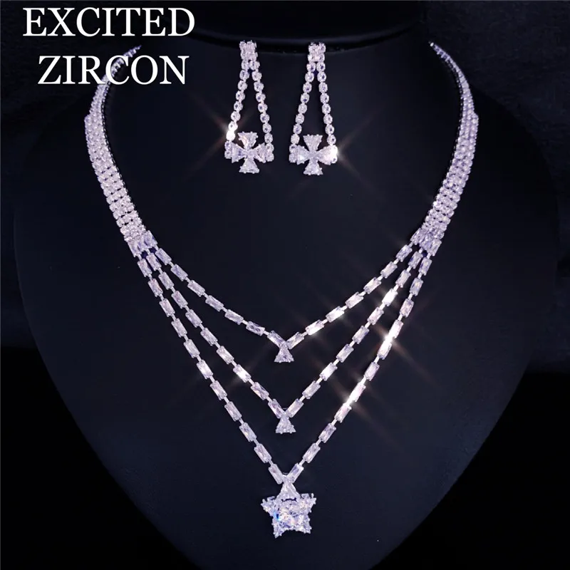 Zircon Crystal Star Water Drop Necklace Earring Set Fashion Wedding