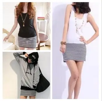 

1 piece patchwork Strip Tank O-Neck Sleeveless Vestido Lady Maxi Jumper mini Dress