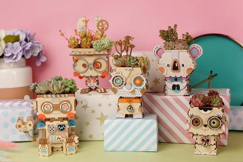 DIY деревянные игрушки 3D головоломки игры суккулент завод цветочный горшок модель ручной сборки мультфильм животных развивающие игрушки головоломка для детей