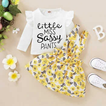 

2Pcs Children's Autumn Spring Set Clothing Long Sleeves Set Baby And Toddler Girls Flower Print Suspender Skirt Suit
