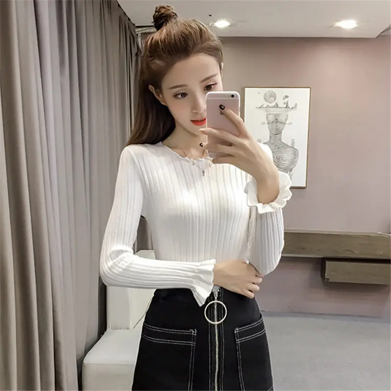

Korea Autumn Winter Solid Elastic Pullovers Sweaters Women Spring Sexy White Flare Sleeve Slim Knitted Sweater Female Tops