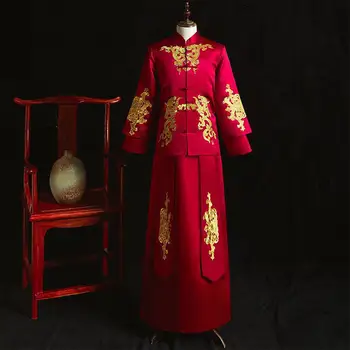 

Mandarin Collar Men Wedding Bridegroom Satin Embroidery Dragon Vintage Button Chinese Cheongsam Exquisits Noble Classic Vestidos