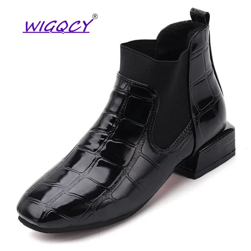 

New Solid Black Leather Ankle Boots Women Shoes Woman Square Toe Women Boots Fashion Low Heels Winter Short Plush Boots