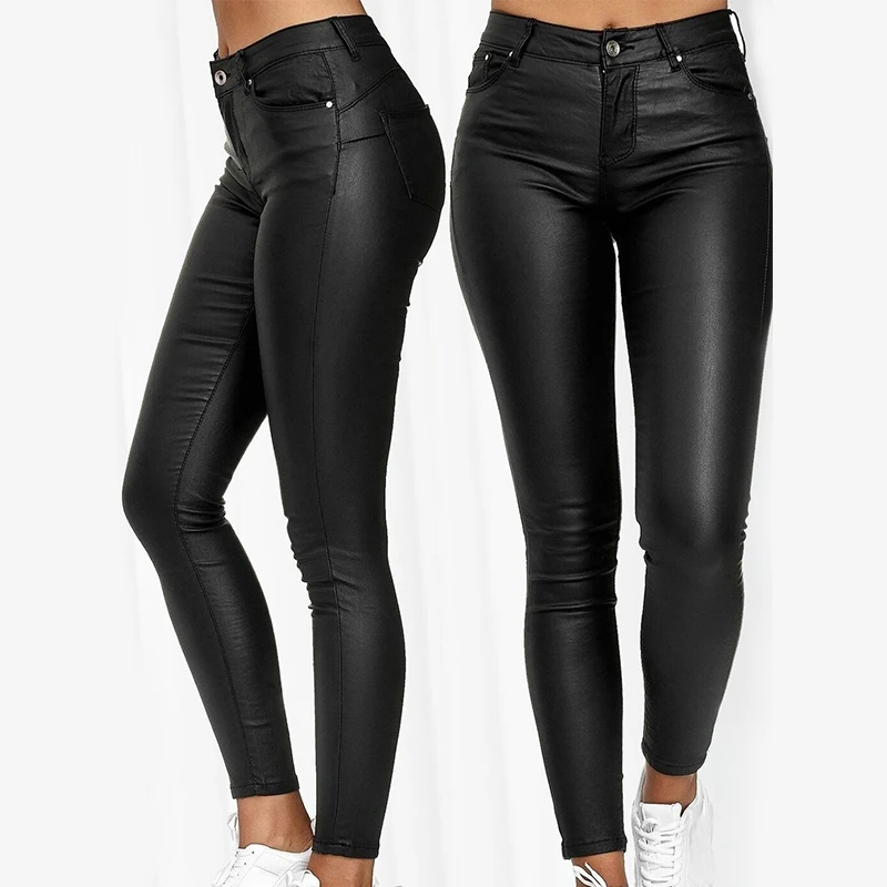 Fashion Women's Pencil Pants Faux Leather Pu Long Trousers Casual Sexy Tight-Fitting Female Stretch High-Waist Pants Pure Color womens clothing