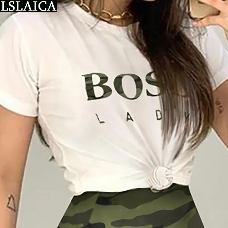 Set Women  White Letter t Shirt&Camouflage Skirt Summer 2 Piece Set Casual Party 2 Piece Outfits For Women Conjuntos Femininos