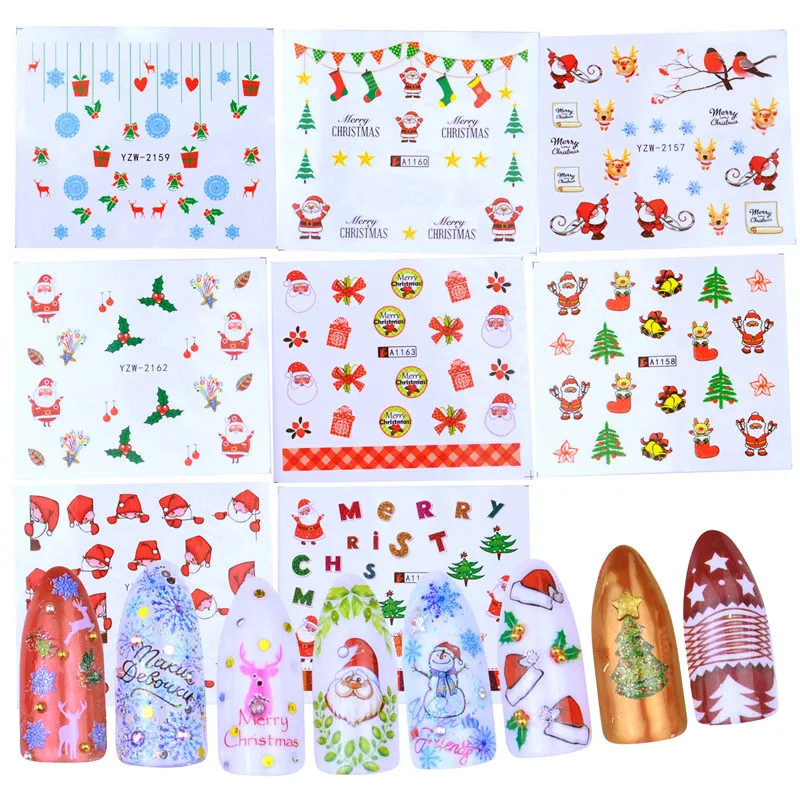 

1 Sheet Merry Father Christmas Tree Nail Sticker Water Decals Nail Glitter Flower Cat Butterfly woman Nail Art Decoration