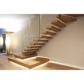 

Canada modern house decorative indoor solid wood floating stairs with LED lights