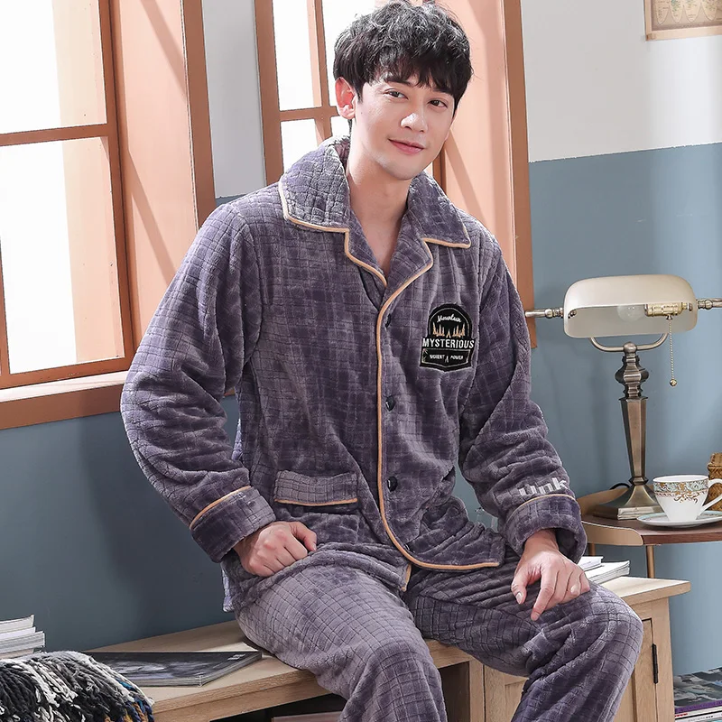 ER615 plus size M-4XL flannel pajama sets for men winter thick keep warm pajamas long sleeve pyjama male homewear pijamas hombre - Цвет: ER615