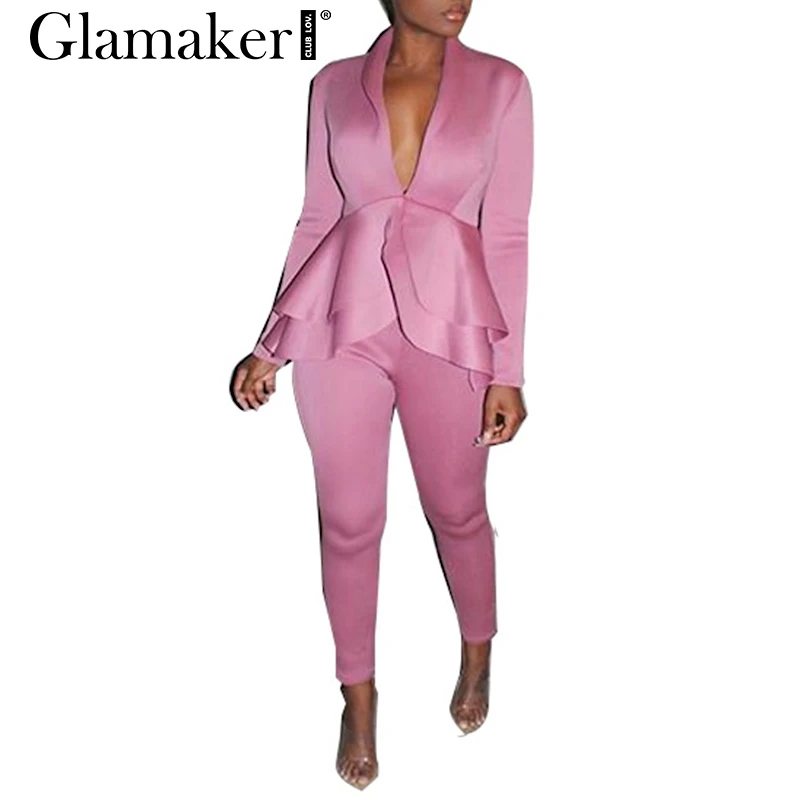 Розовый Glamaker сексуальный костюм из двух предметов комбинезон с длинными рукавами женский длинный белый комбинезон с рюшами комбинезон женский осенне-зимний костюм пляжного типа - Цвет: Розовый