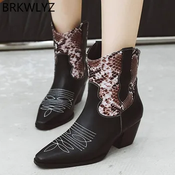 

Women's leopard leather Slip-On Ankle Bare Boots Square Heel High Casual Middle Tube Booties Large size 34-43 bottes femme