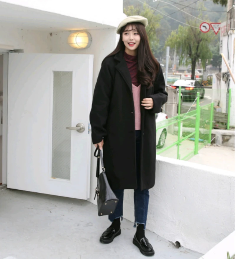 Autumn Winter New Women loose Medium Length Woolen Coat Female Fashion Casual Jackets Thick Warm Solid Color Coats CA3348