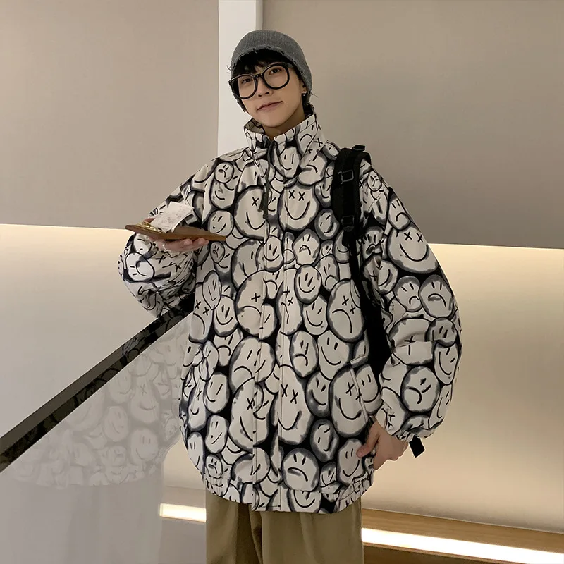 

2021 NEW Japanese Fashionable Face Printed Winter Jackets Casual Men's Parkas Coats Thicken Warm Overcoat Streetwear For Male