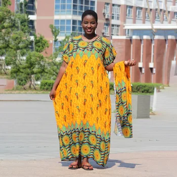 

2019 New Fashion Yellow Colorful Geometric Printed Party Cotton African Dashiki Large Size Female Dress