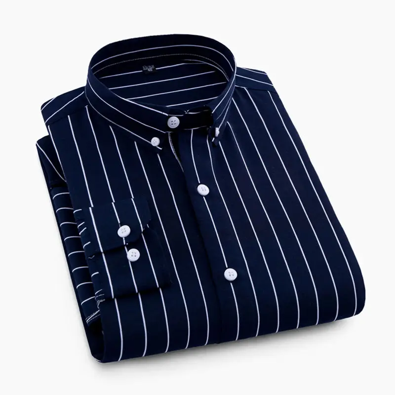 T02 Navy-stripes Высокое качество, мужская деловая Повседневная рубашка нового размера плюс с длинным рукавом, Классическая полосатая мужская деловая одежда, рубашки 5XL, облегающие, не железные - Цвет: T02 Navy-stripes