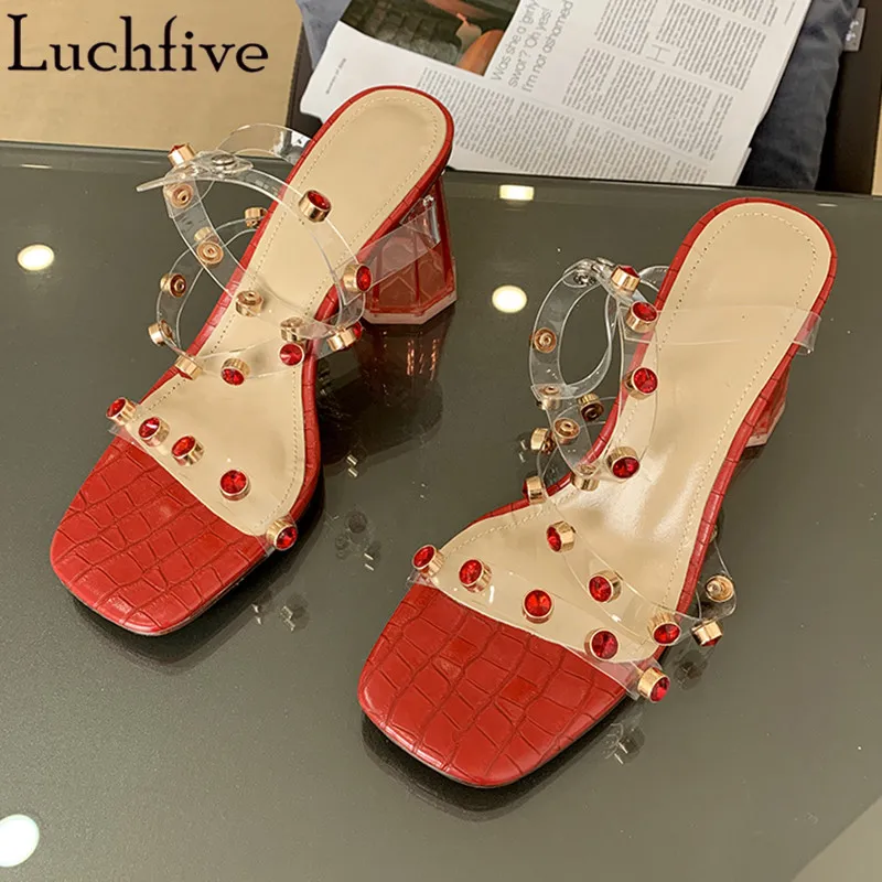 clear red shoes