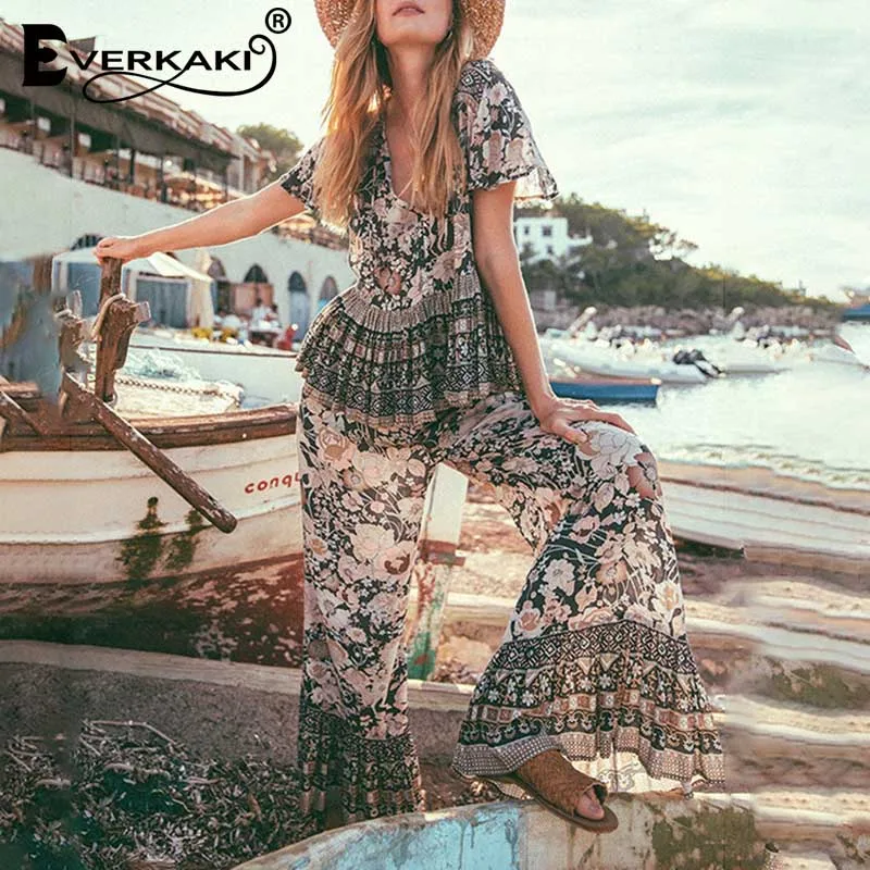 Multicolor Everkaki винтажные комплекты из 2 предметов для женщин, богемный цветочный принт, Свободный Топ и длинные штаны, комплекты, цыганские женские костюмы, весна, Новинка - Цвет: Multicolor