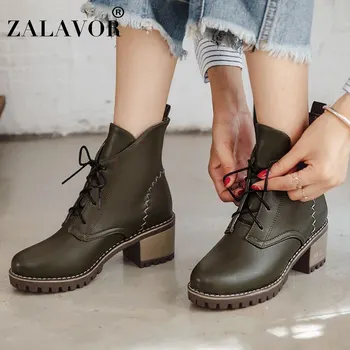 

ZALAVOR Size 34-43 New Woman Ankle Boots Square Solid Heels Lace Up Boots Winter Short Boots Fur Classic Shoes Women Footwear
