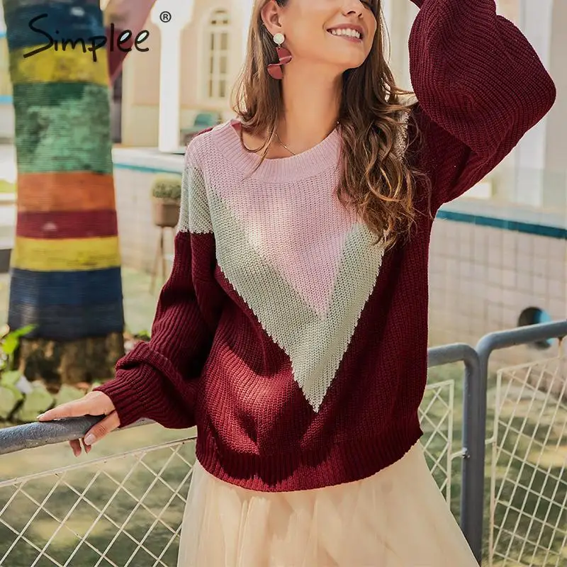 Simplee контрастные цвета Лоскутные женские пуловеры свитера с рукавами-фонариками